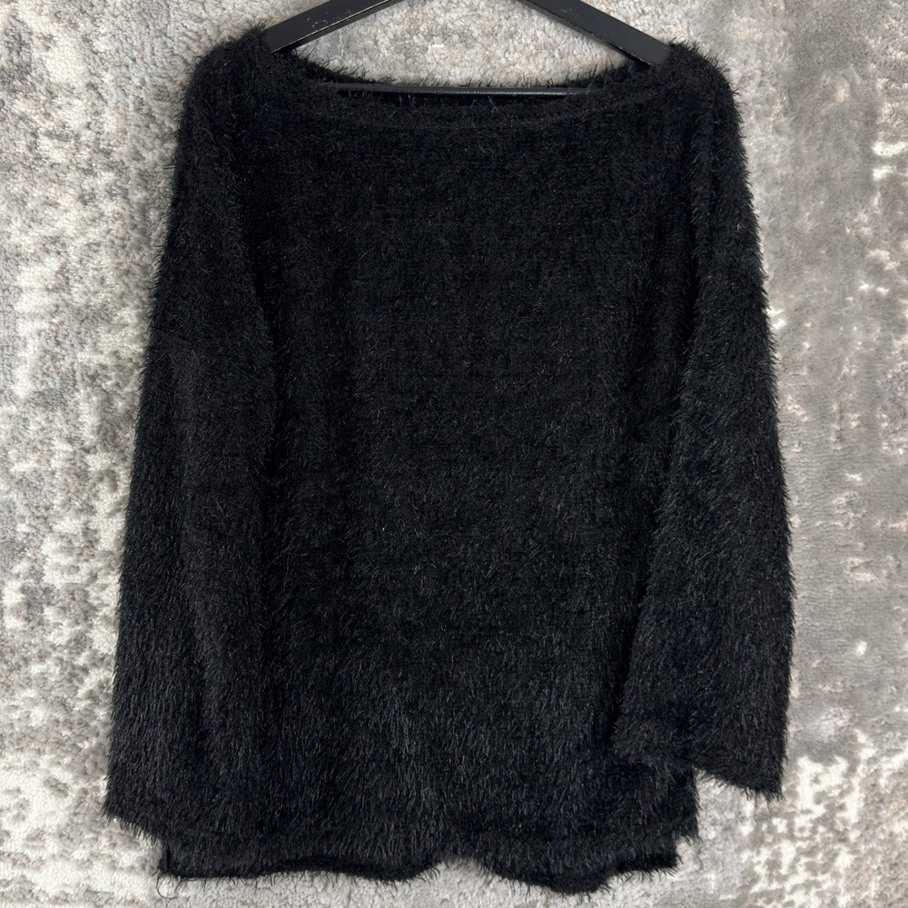 New Fashion Nova Size M Fuzzy Eyelash Boat Neck Sweater Black Long Sleeve Women